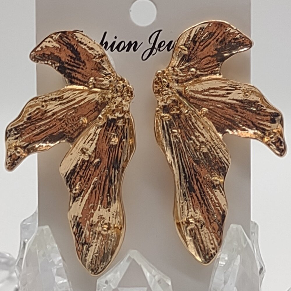 Gold Flower Petal Stud Earrings - Picture 5 of 6